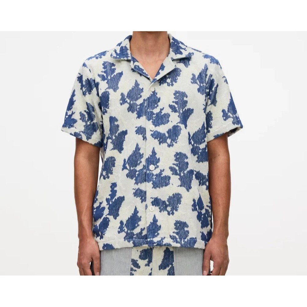 OAS Button Up Shirt Mens Small Blue White SAIL Cuba Terry Short Sleeve
